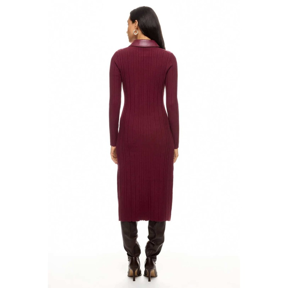 TOCIN x QTD Ribbed Button Front Midi Dress Burgundy Faux Leather Collar Size XXL - Picture 2 of 8